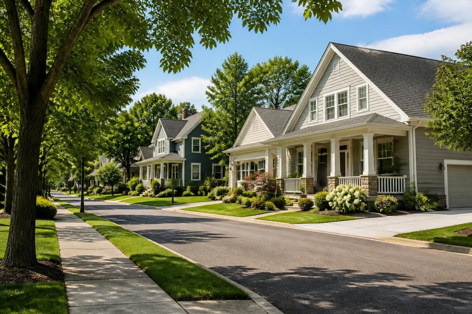 Suburban neighborhood street with neat homes and trees