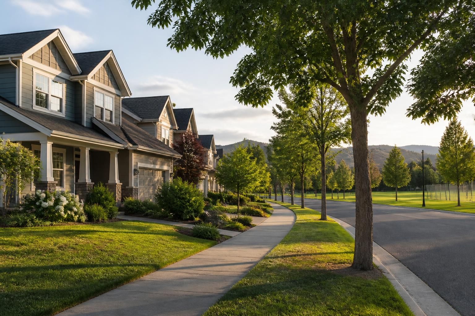 Tree-lined suburban street near open green space