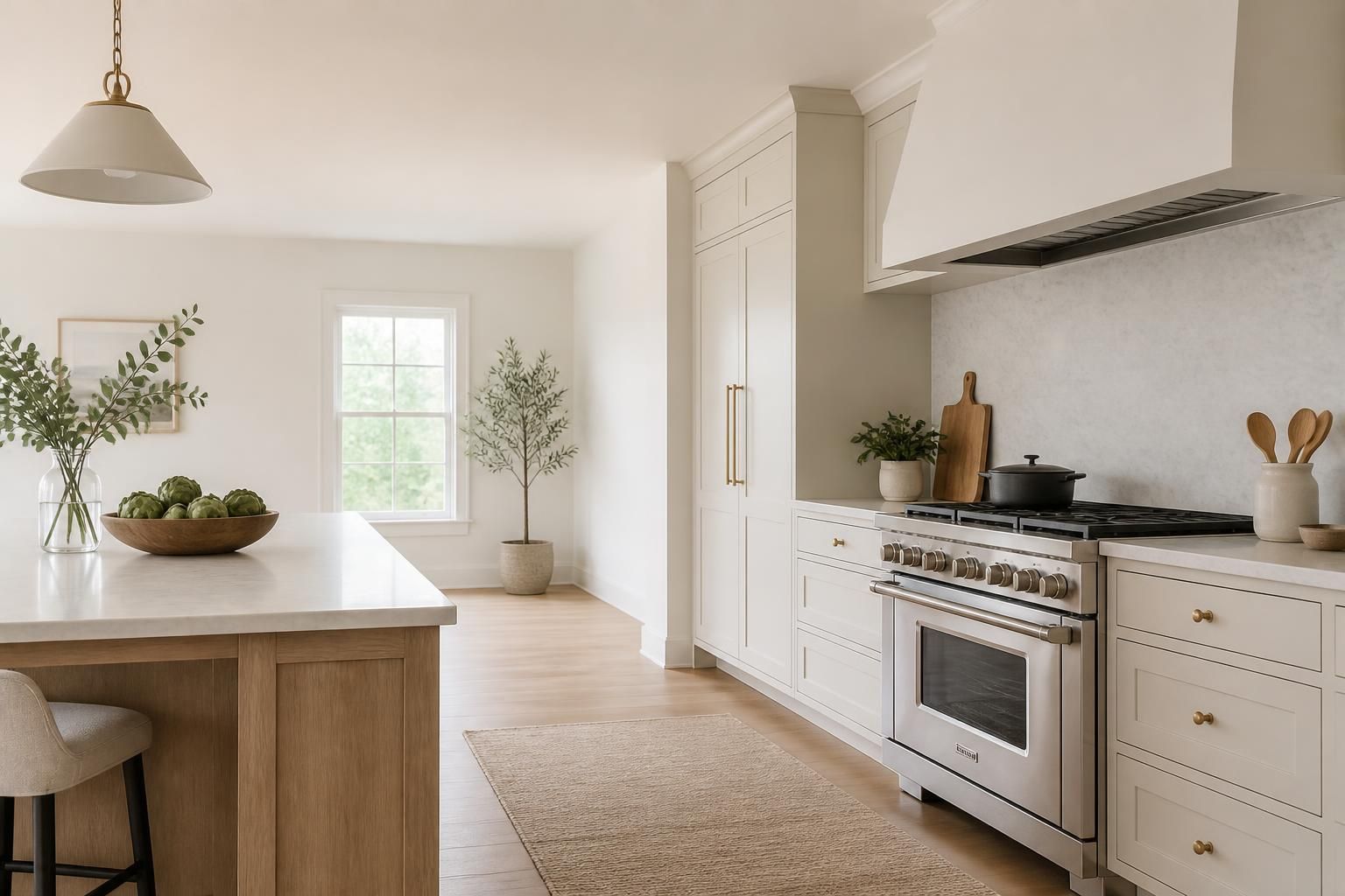 Bright kitchen with polished appliances and open space
