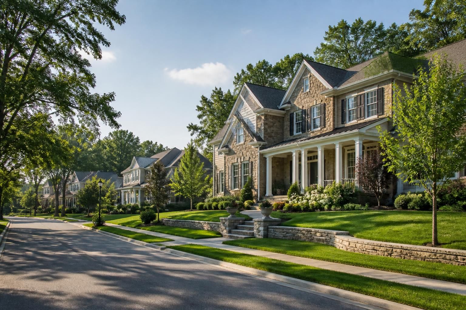 Upscale residential homes with manicured lawns