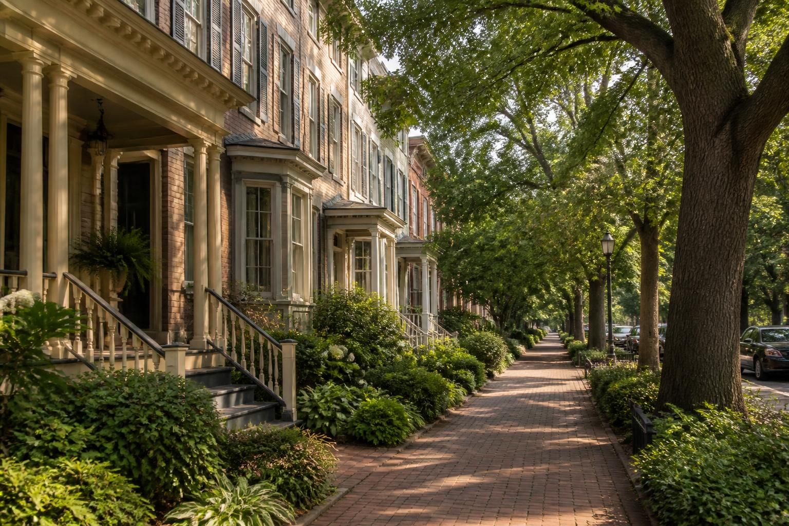 Historic neighborhood street with classic homes and trees