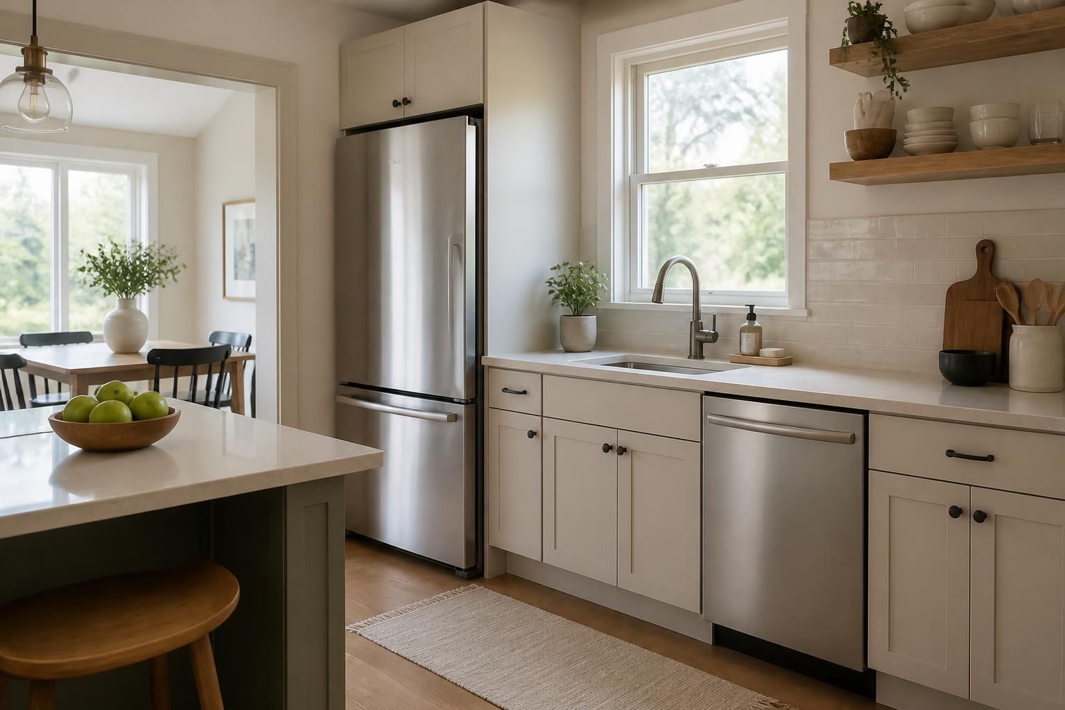 Modern kitchen with clean refrigerator and dishwasher installation