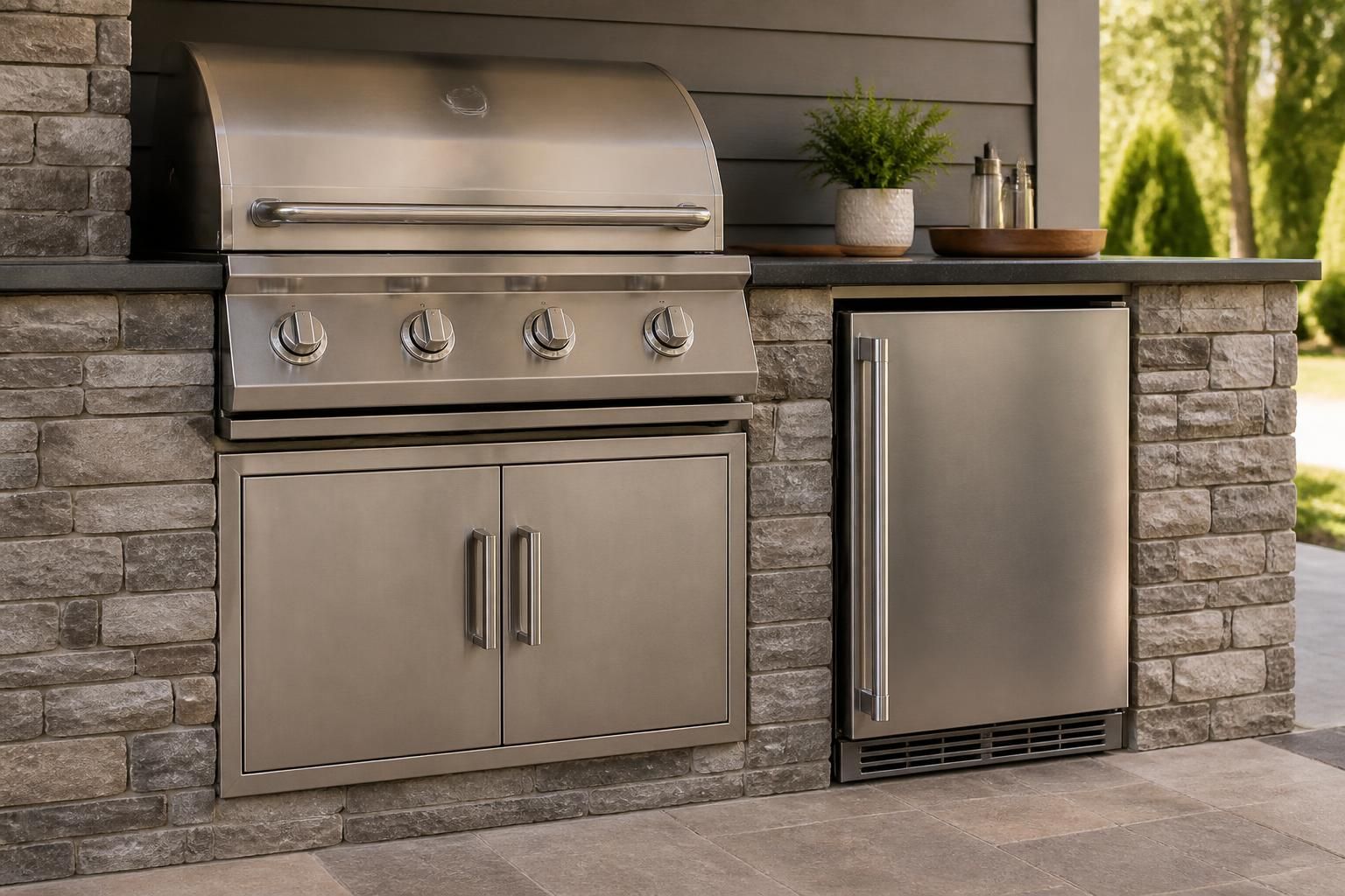 Outdoor kitchen appliance setup in a finished patio space