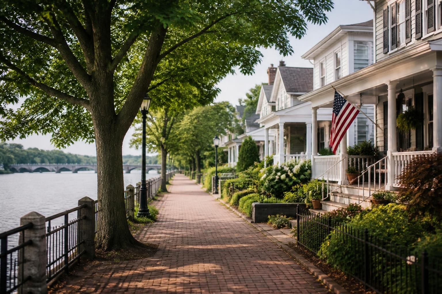 Peaceful neighborhood near a tree-lined riverfront