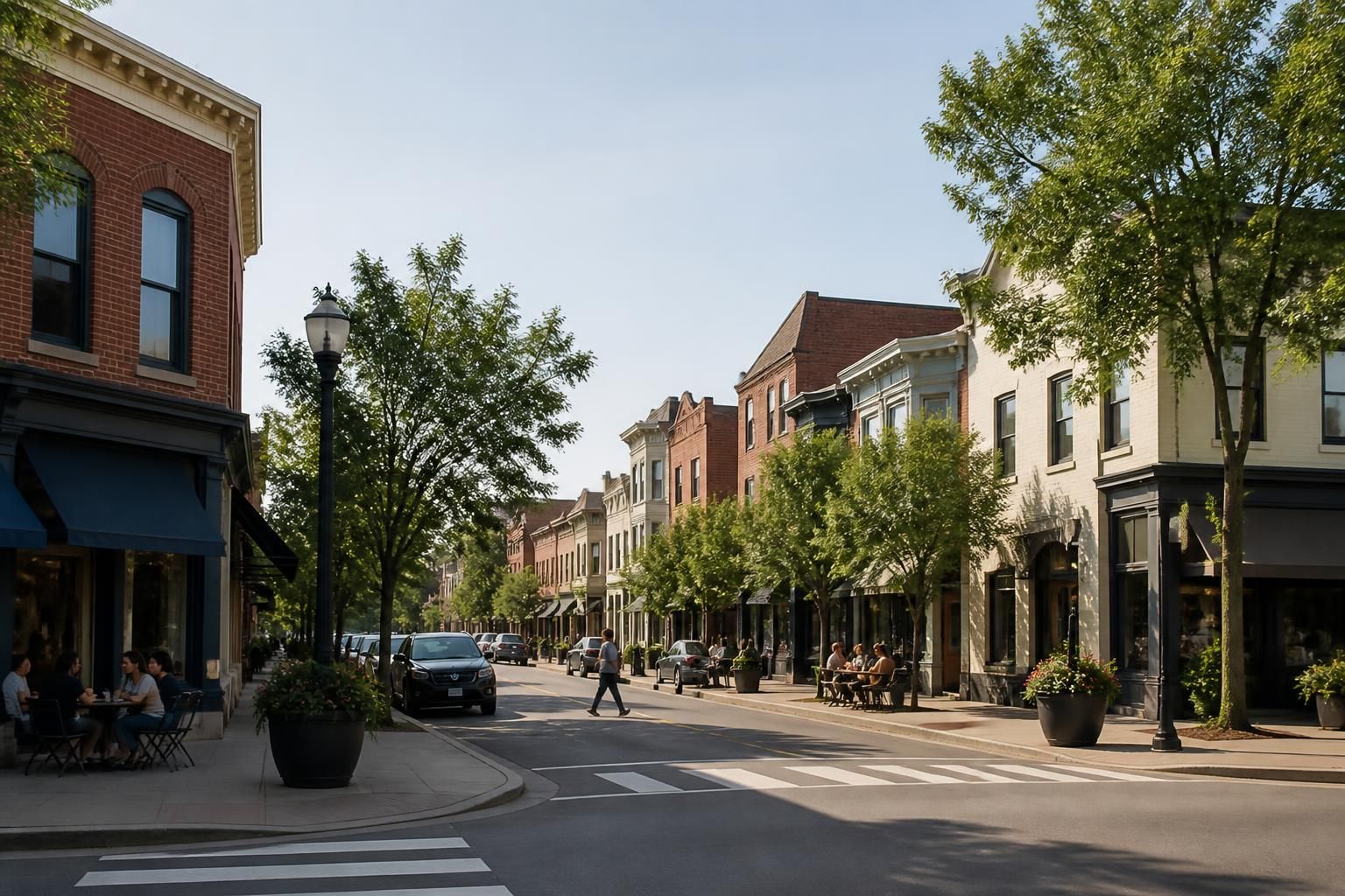 Local crossroads district with clean streets and buildings