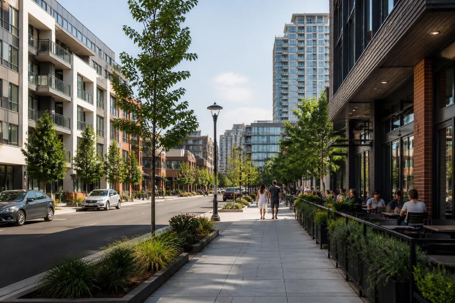 Clean streets with modern buildings in a local district