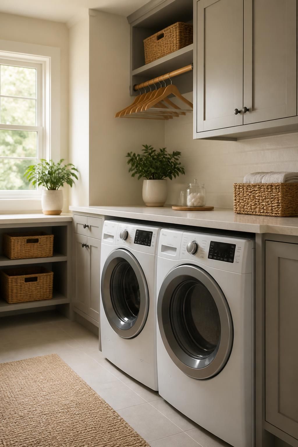 Bright laundry room with washer and dryer installed neatly