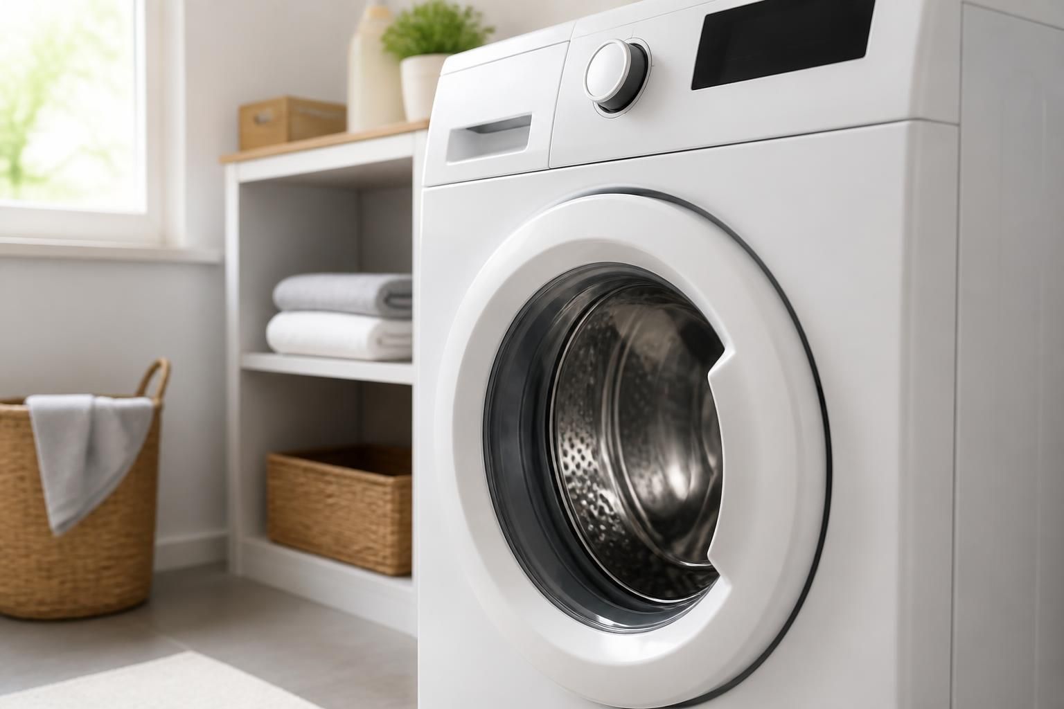 Repaired washing machine in a bright laundry room