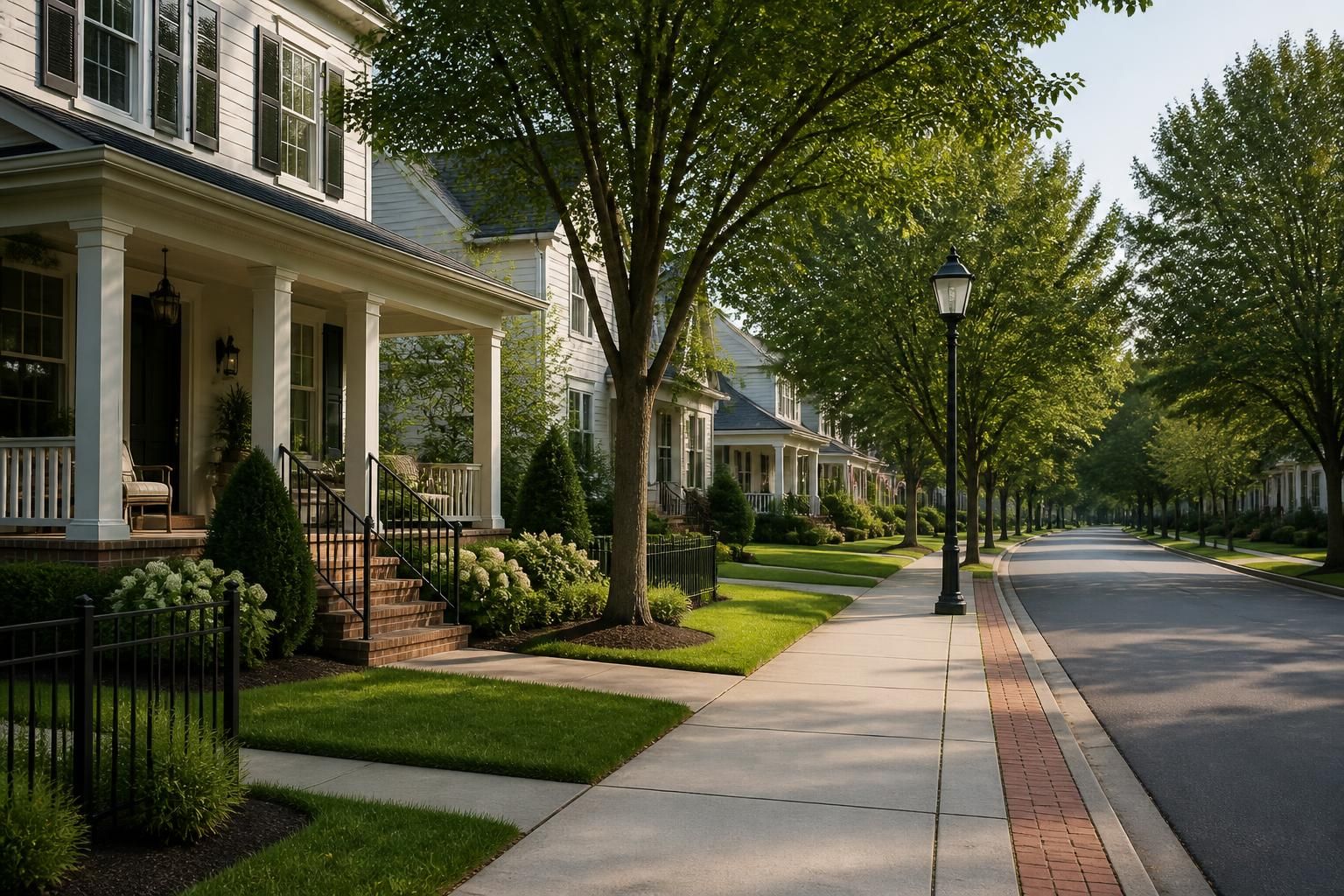 Residential street with upscale homes and soft greenery